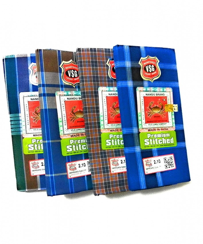 Nandu Brand Men's Cotton Stitched Lungi (Pattern May Vary, Multicolour, Free Size) - Pack of 4