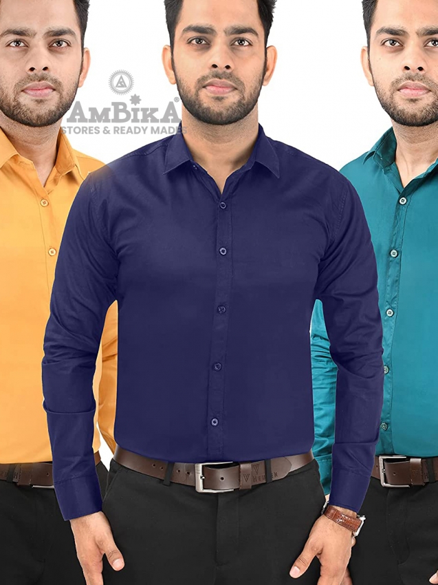 Men Casual Cotton Full Sleeves Slim Fit Shirts Plain [Sea Green, Dark Yellow and Navy Blue]