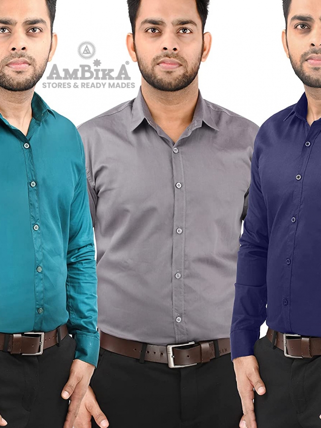 Men Casual Cotton Full Sleeves Slim Fit Shirts Plain [Sea Green, Grey and Navy Blue]
