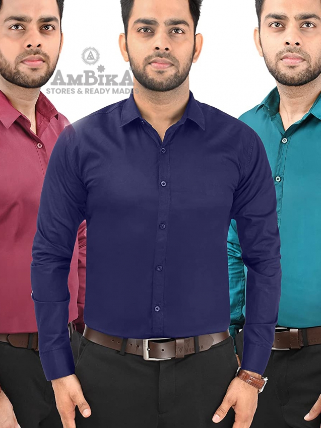 Men Casual Cotton Full Sleeves Slim Fit Shirts Plain [Sea Green, Maroon and Navy Blue]