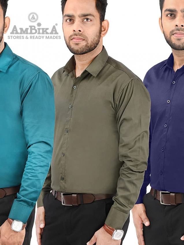 Men Casual Cotton Full Sleeves Slim Fit Shirts Plain [Sea Green, Olive and Navy Blue]