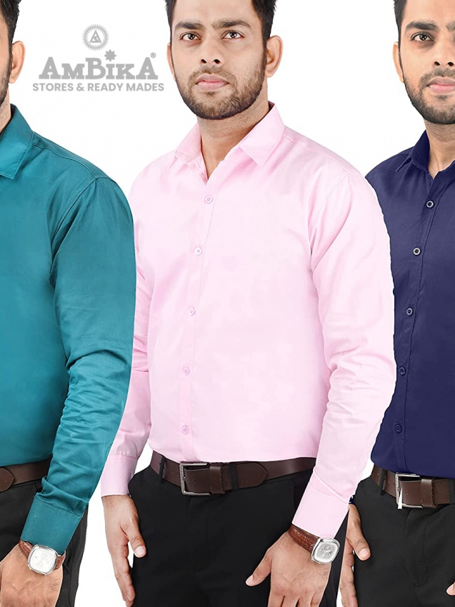 Men Casual Cotton Full Sleeves Slim Fit Shirts Plain [Sea Green, Pink and Navy Blue]