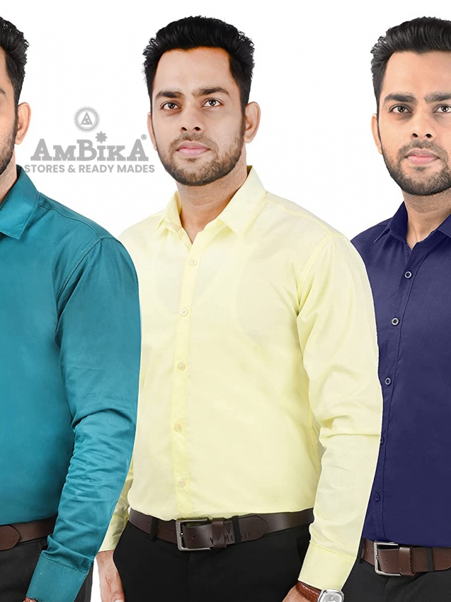 Men Casual Cotton Full Sleeves Slim Fit Shirts Plain [Sea Green, Yellow and Navy Blue]