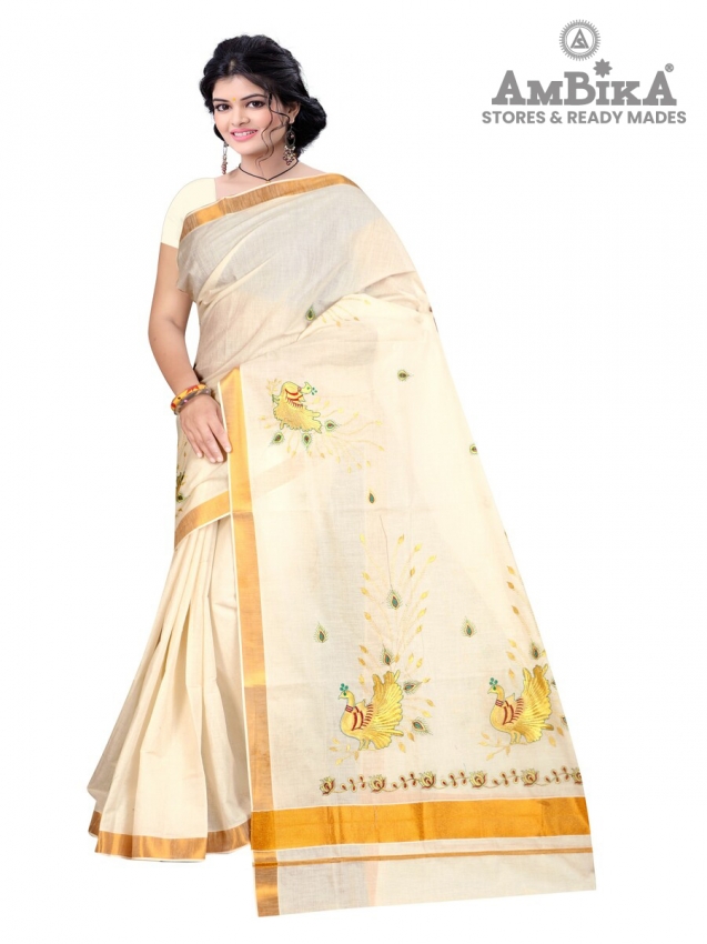 Women's Cotton Kasavu Saree with Running Blouse Peacock Full Embroidery