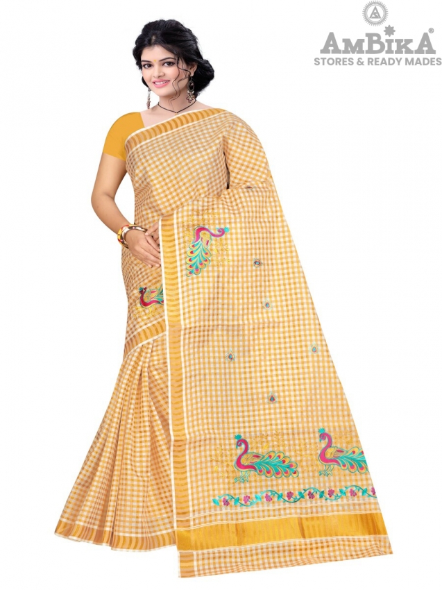 Women's Cotton Saree Kerala Traditional Kasavu Saree with Running Blouse (CHECKED EMBROIDING SAREE)