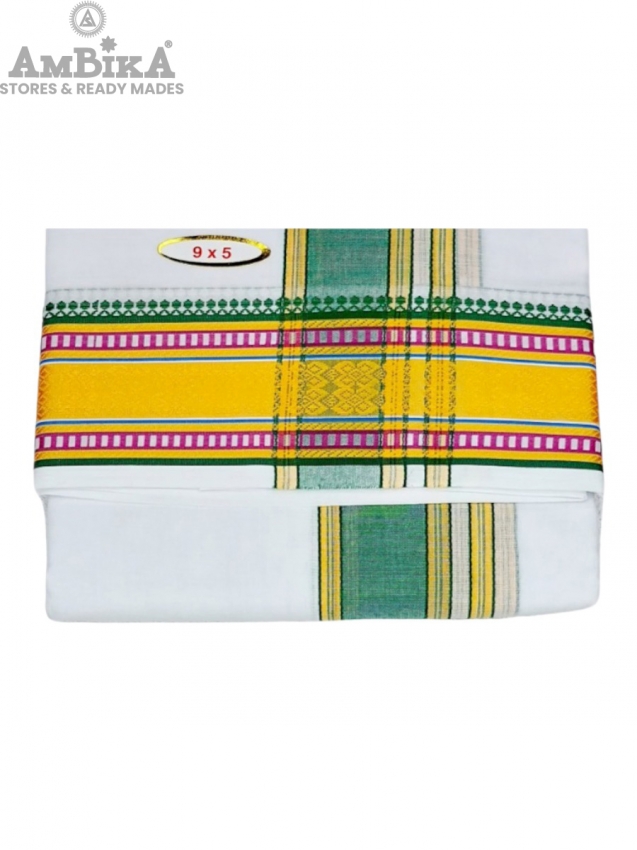Cotton Mens Panjakejam White Dhoti With Gold Border & Towel set [9*5]